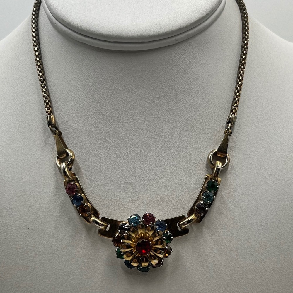 Barclay Vintage Rare 1940 Gem Colors Rhinestone Multi-colored
Gold Tone Necklace